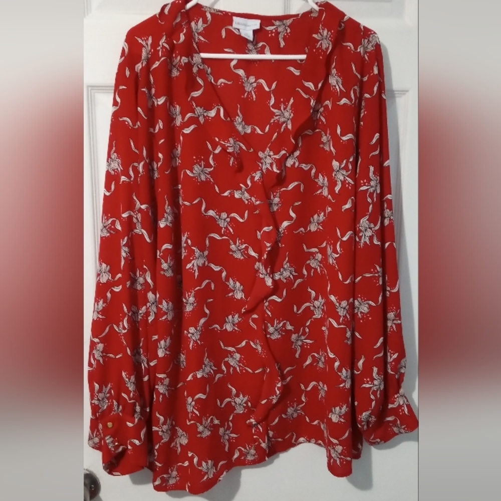 Liz Claiborne Scarlet And Ivory Patterned Blouse